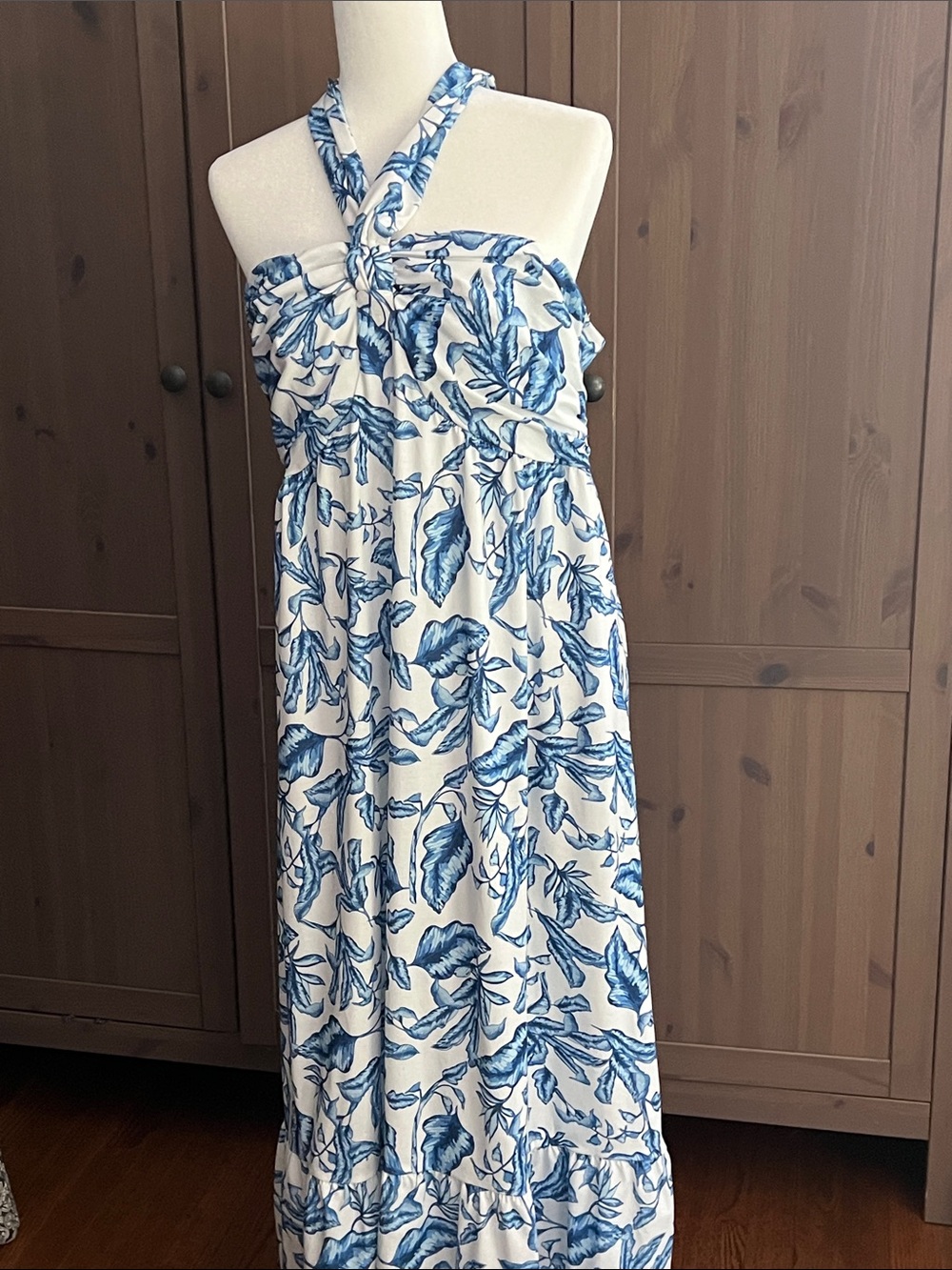 Grace Karin White and Blue Floral Halter Maxi Dress